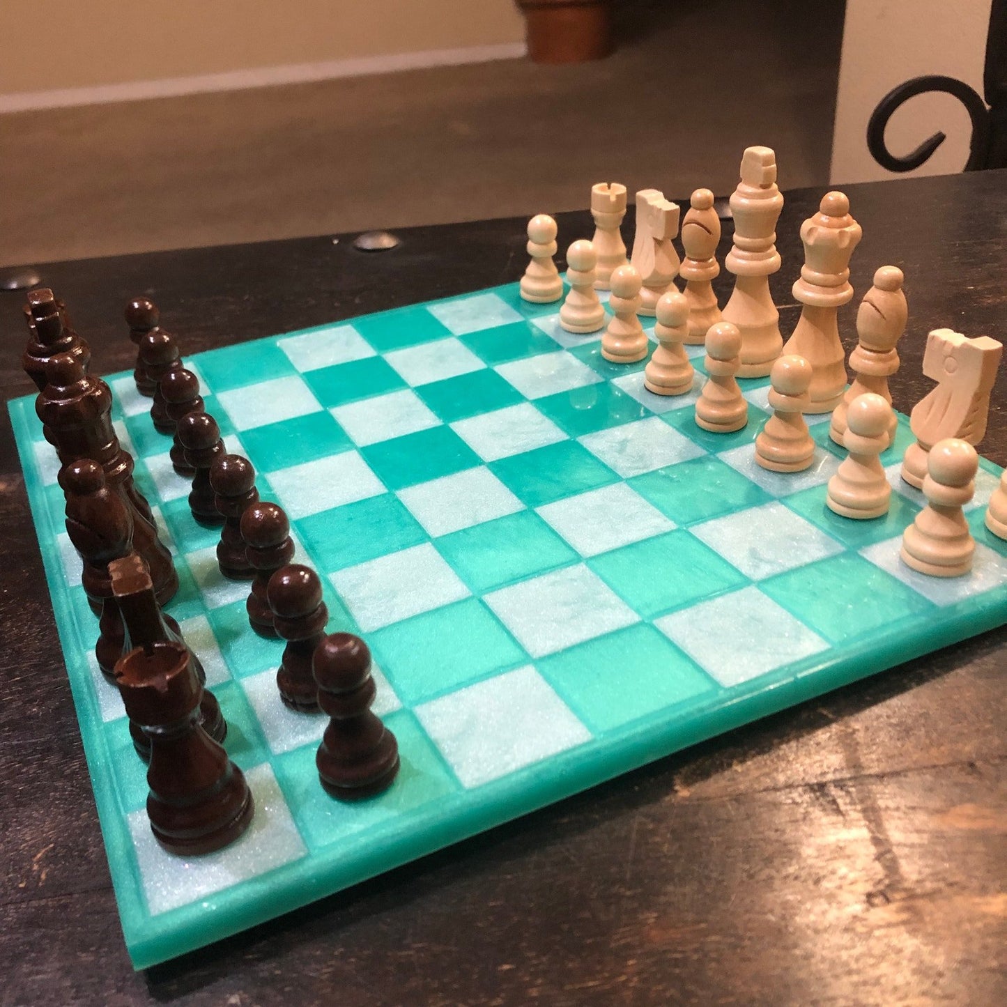 Resin Chess Set - Aqua Green & White (Wood Pieces)