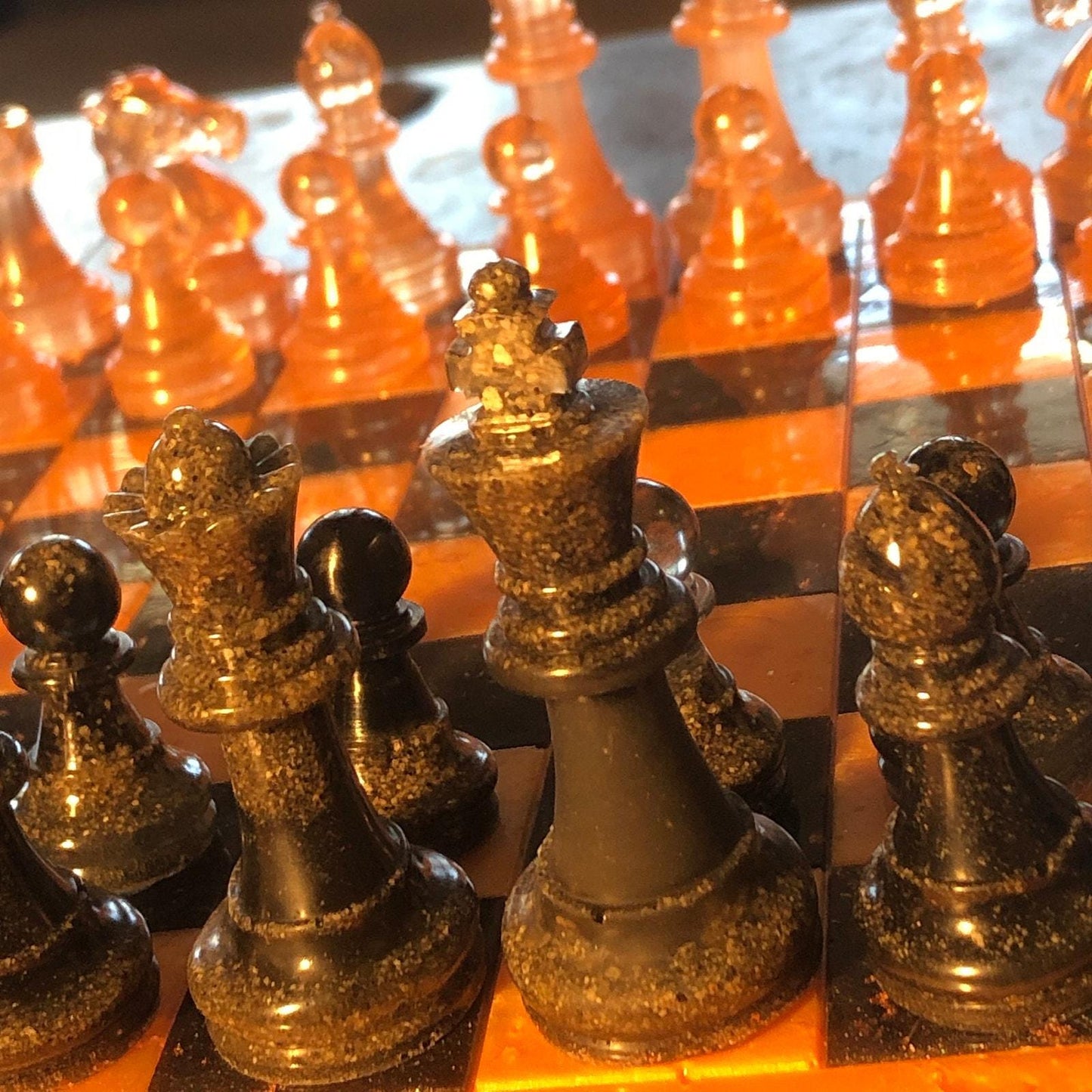 Handmade Resin Chess Set - Orange & Black