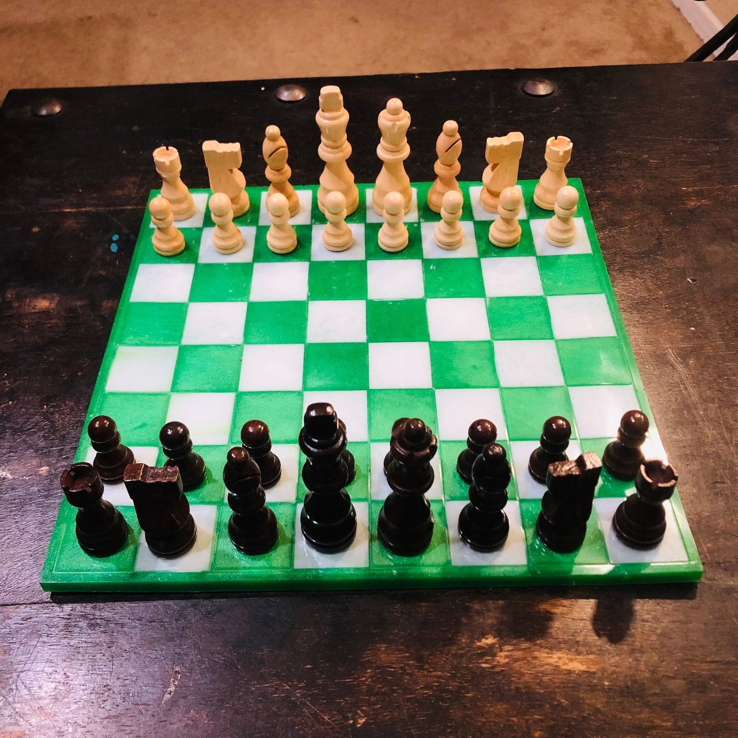 Resin Chess Set - Green & White (Wood Pieces)