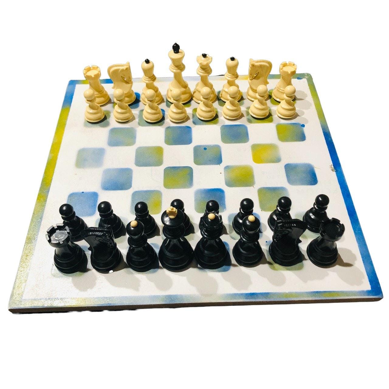 Large Painted Chess Set - Blue/Yellow & White