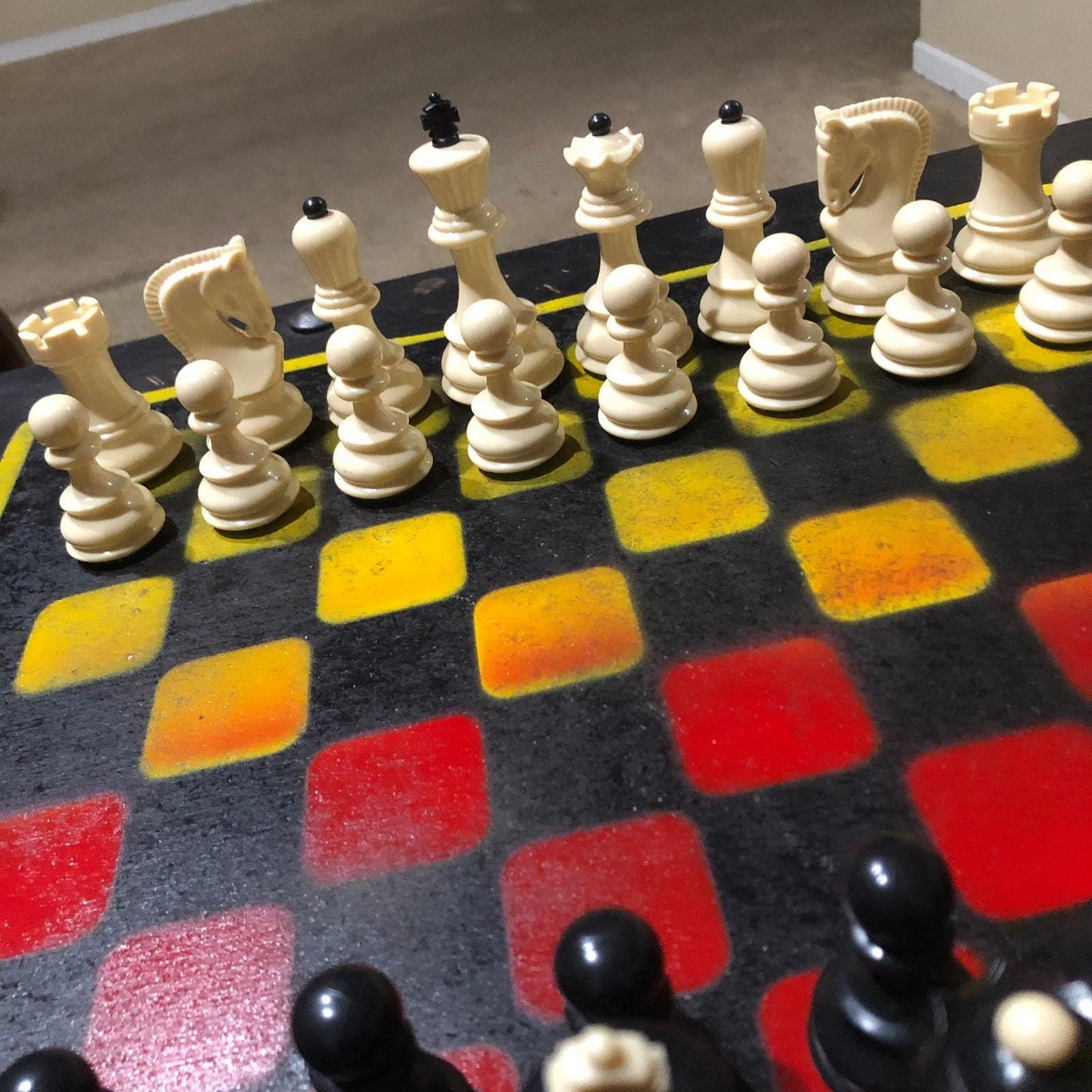 Large Painted Chess Set - Red Black & Yellow