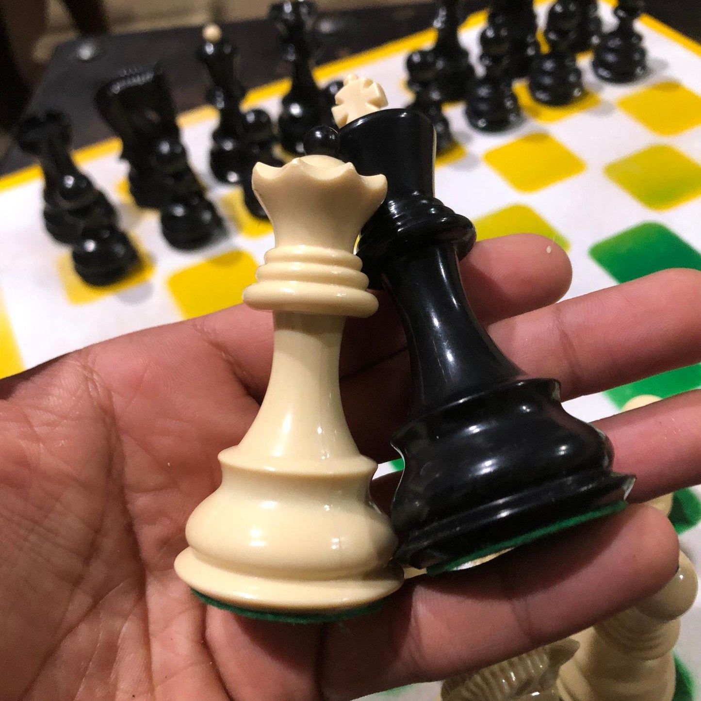 Large Painted Chess Set - Green/Yellow & White