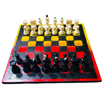 Large Painted Chess Set - Red Black & Yellow