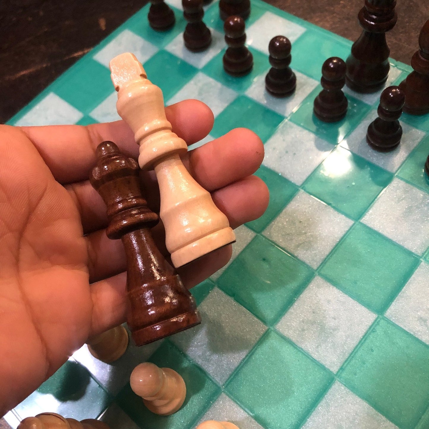 Resin Chess Set - Aqua Green & White (Wood Pieces)